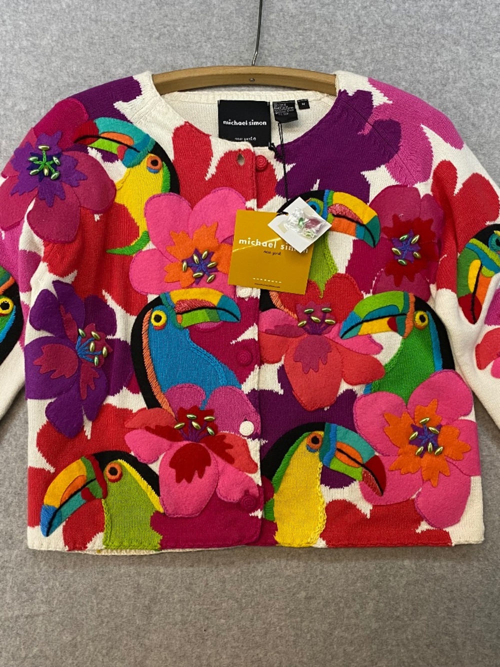 NEW! Vintage Michael Simon Cardigan M • Toucan Parrots Embellished • Art